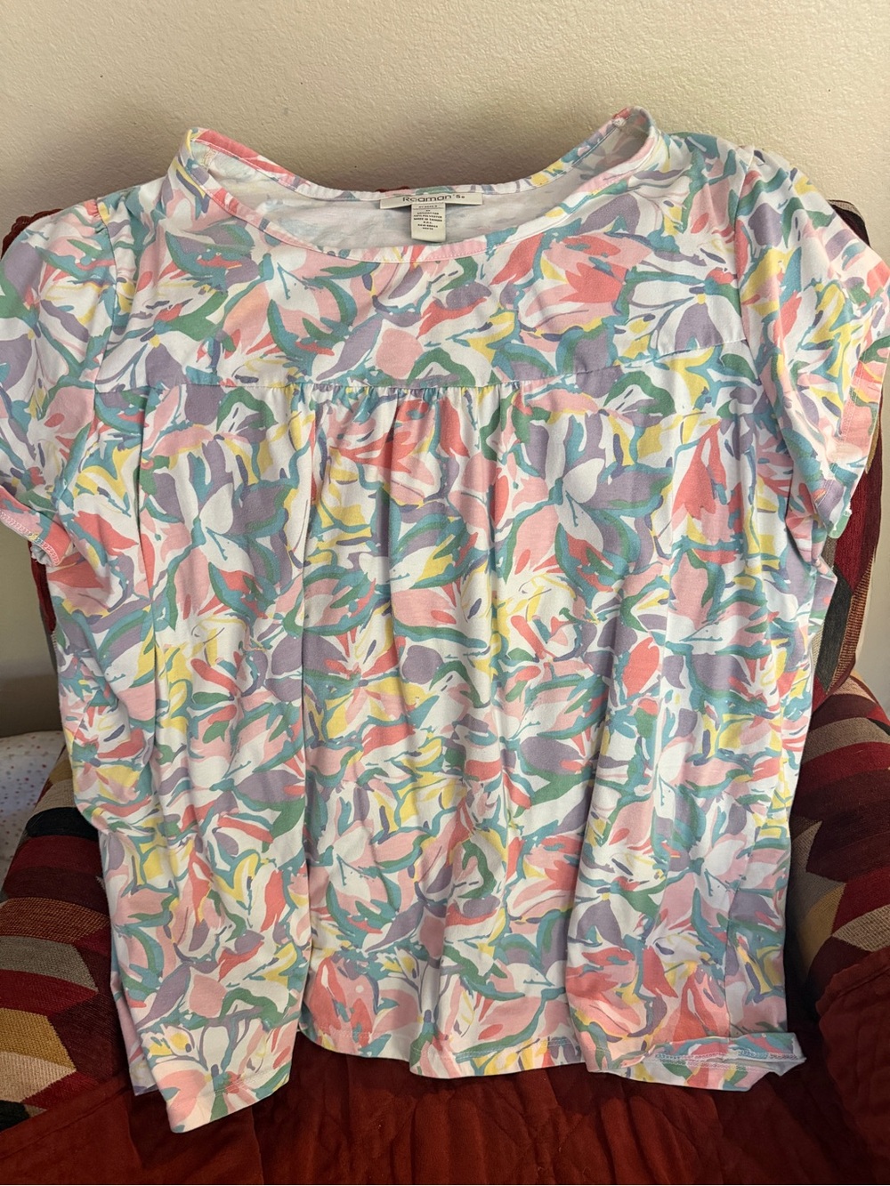 Roaman's Pastel Floral Short Sleeve Top - Pink, Lavender, Mint, Yellow